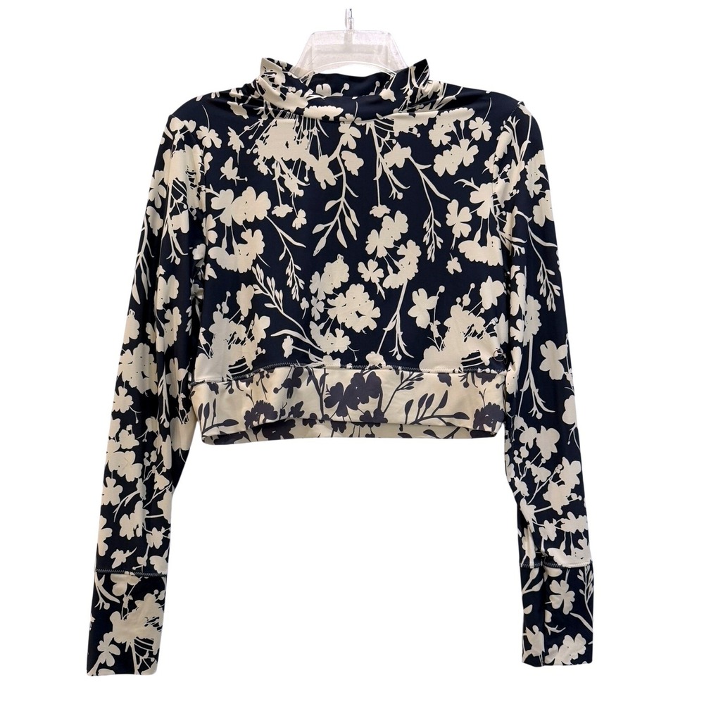 CALIA by Carrie Underwood Floral Cropped Long Sleeve Rash Guard Navy Cream L